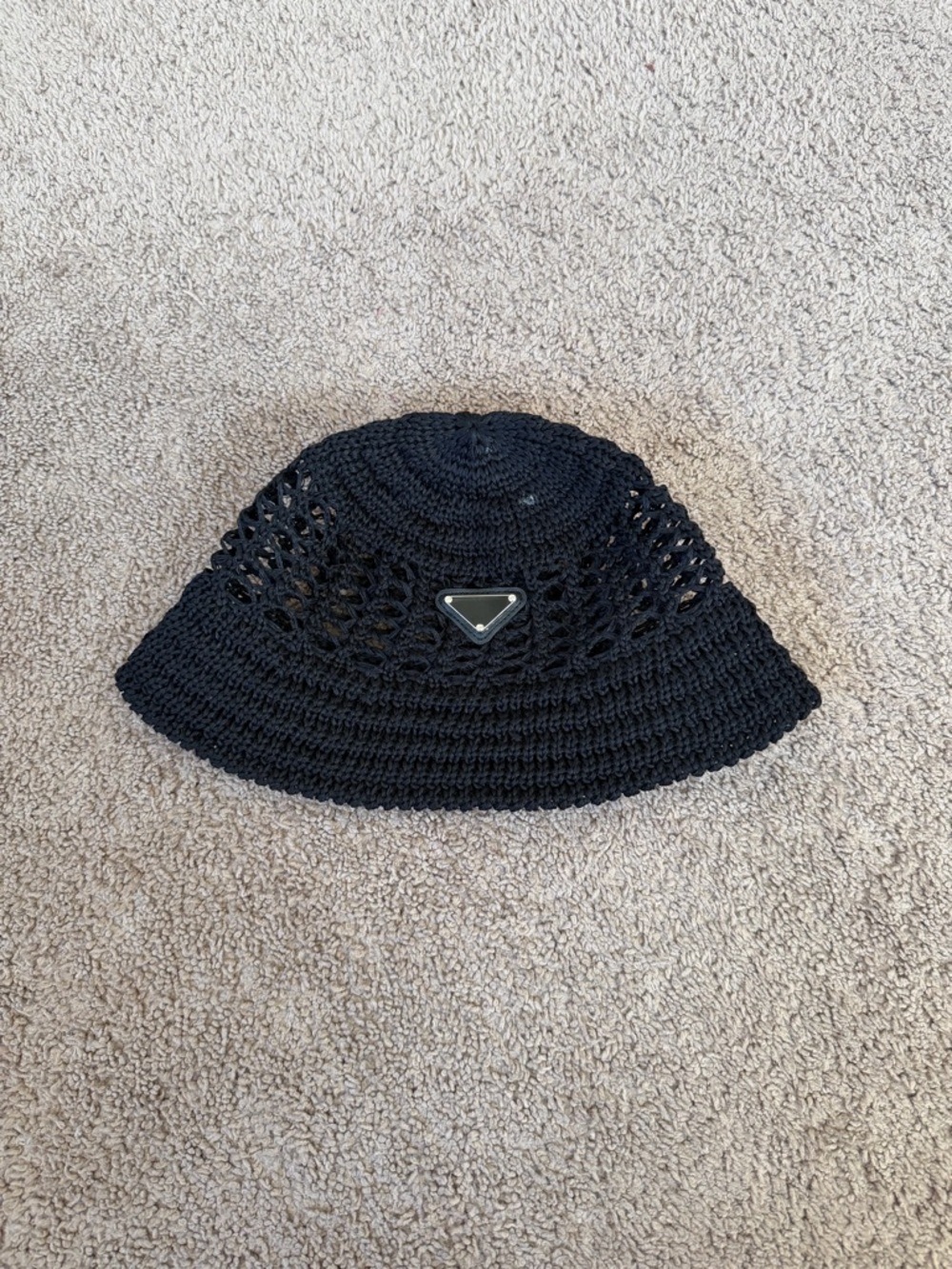 Black Crochet Bucket Hat with Triangle Metal Accent